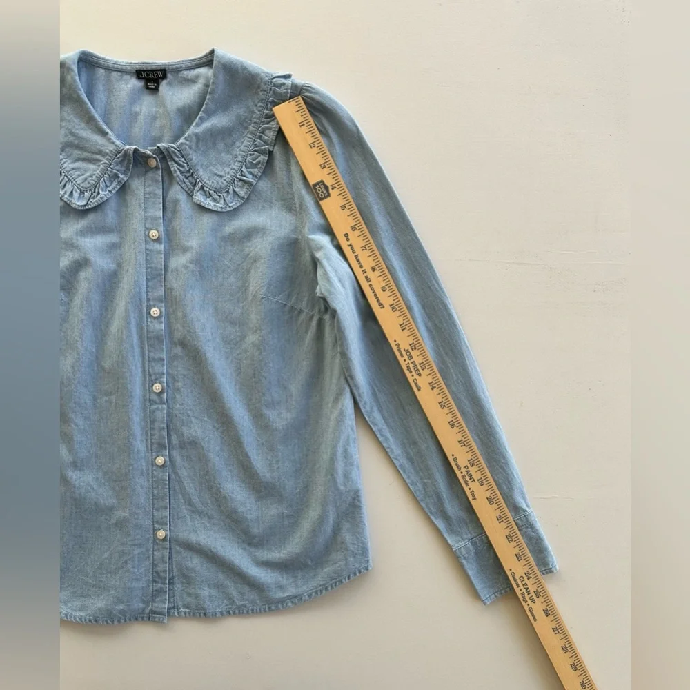 J Crew Blue Chambray Shirt Ruffle Peter Pan Collar Long Sleeve Women's Size 4 - Picture 4 of 15